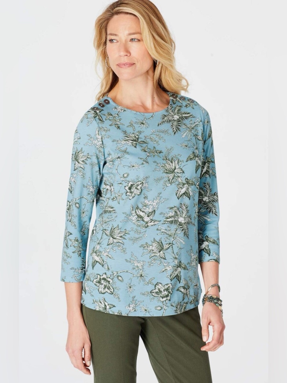 J. Jill Vintage Tropical Floral Button Shoulder Knit Top Chalk Blue XL 3/4 Slv